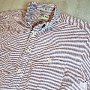 Orvis Men’s Medium Red White Blue Striped Seersucker Short Sleeve Shirt Summer